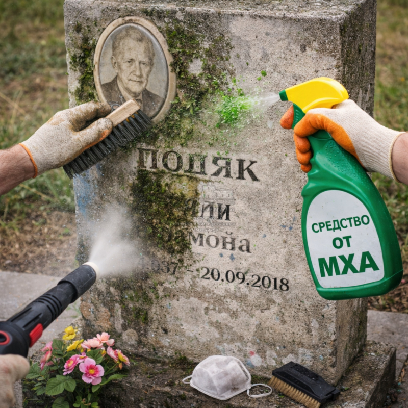 Очистка бетонного памятника + обработка от мха