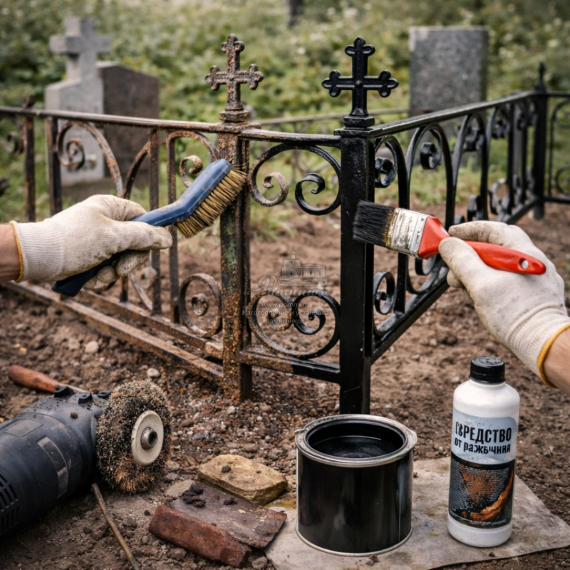 Покраска ограды на могильном участке